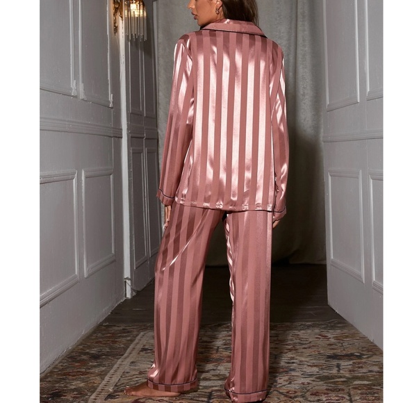 Cozy satin Striped Button Stretchy Waist PJs Pajama Set - Picture 3 of 5
